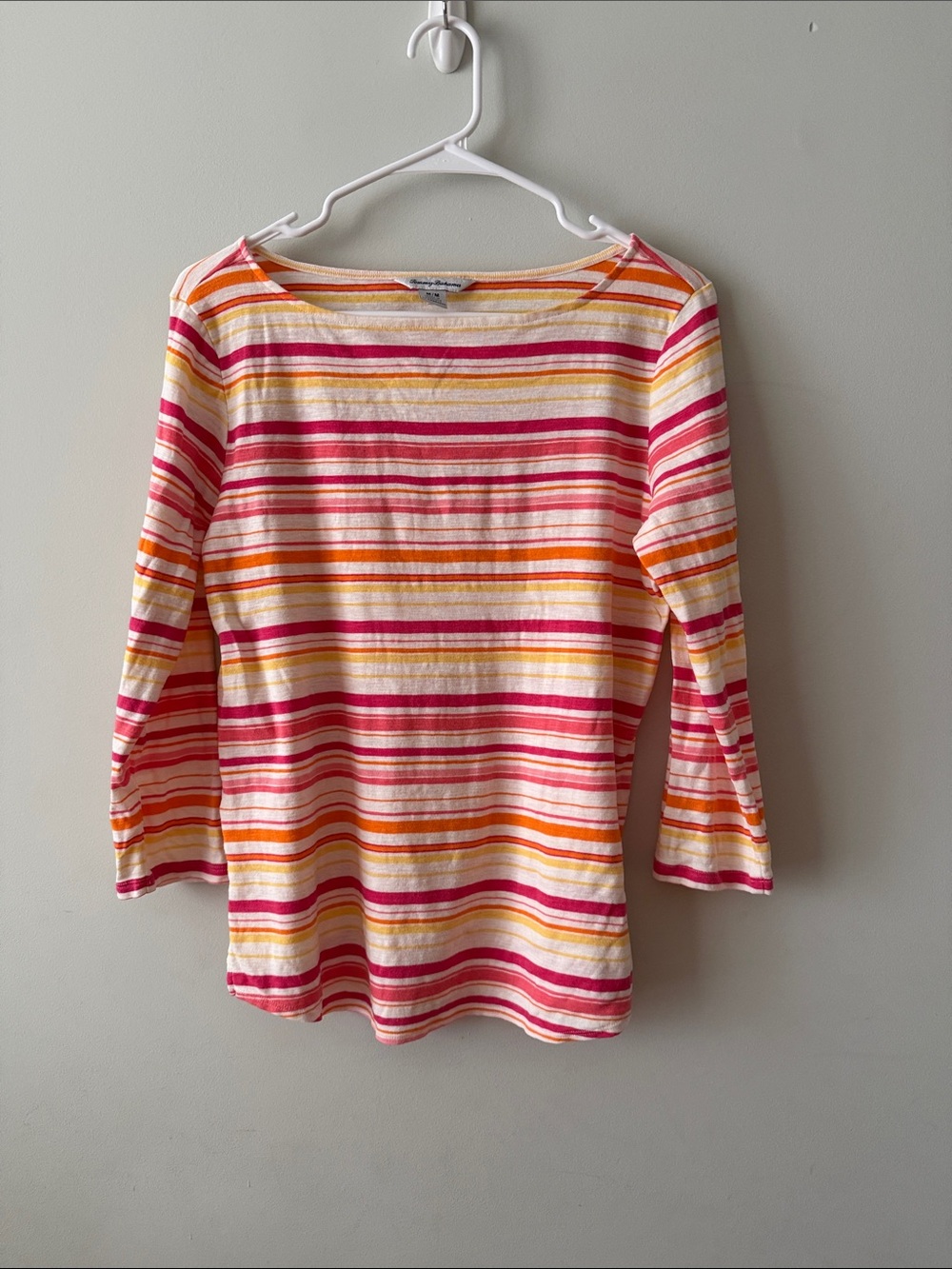 Boatneck Striped Long-Sleeve Tee in Pink, Yellow, Orange& Cream